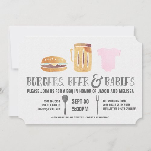 Burgers Beer n Babies _Pink Baby Shower Invitation