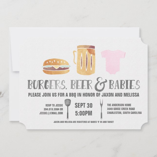 Burgers, Beer 'n Babies -Pink Baby Shower Invitation (Front)