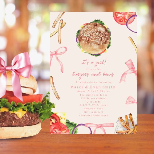 Burgers  Bows Hamburger BBQ Cookout Baby Shower Invitation