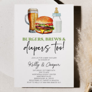 Burgers Brews and Diapers Too! Baby Shower Invitation