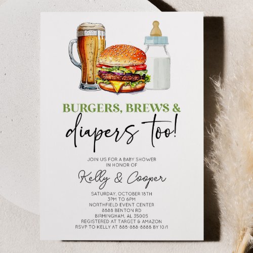 Burgers Brews and Diapers Too Baby Shower Invitation