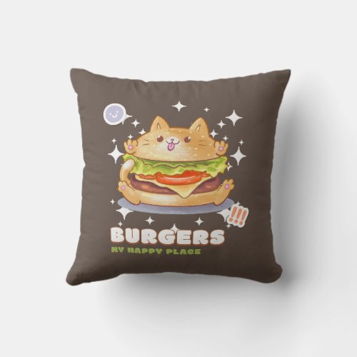 Burgers My Happy Place Throw Pillow