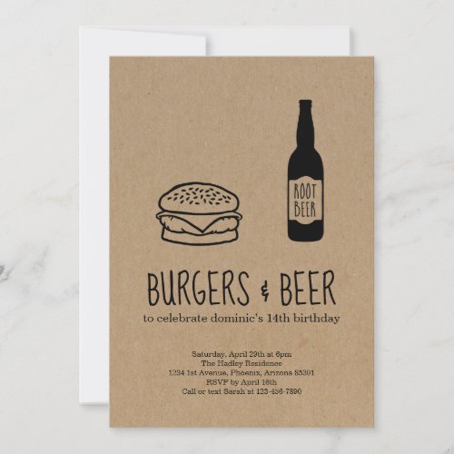 Burgers & Root Beer Birthday Party Invitation - Burgers and root beers on a wonderfully rustic kraft background.

Coordinating items are available in the 'Rustic Brewery / Winery Line Art' Collection within my store.