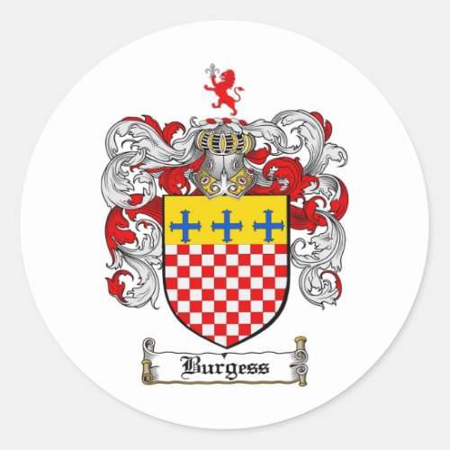 BURGESS FAMILY CREST _  BURGESS COAT OF ARMS CLASSIC ROUND STICKER