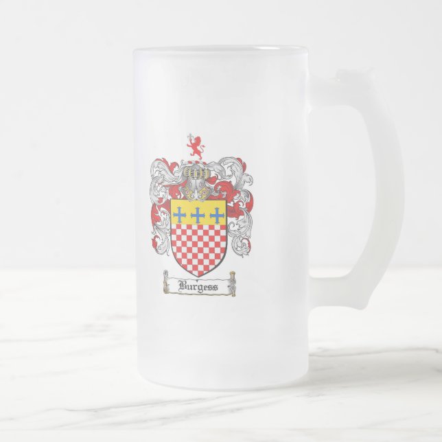 BURGESS FAMILY CREST -  BURGESS COAT OF ARMS FROSTED GLASS BEER MUG (Right)