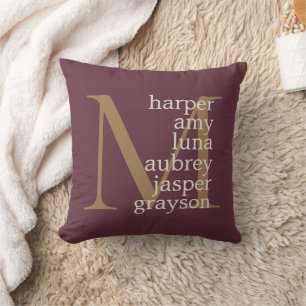 Burgindy Gold Monogram Names Throw Pillow