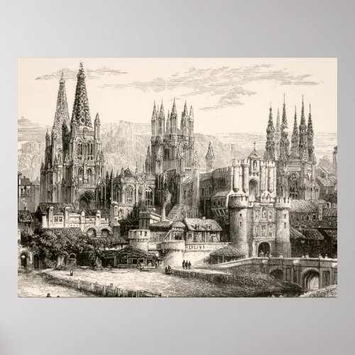 Burgos Cathedral Spain Castle Gothic Spire Vintage Poster