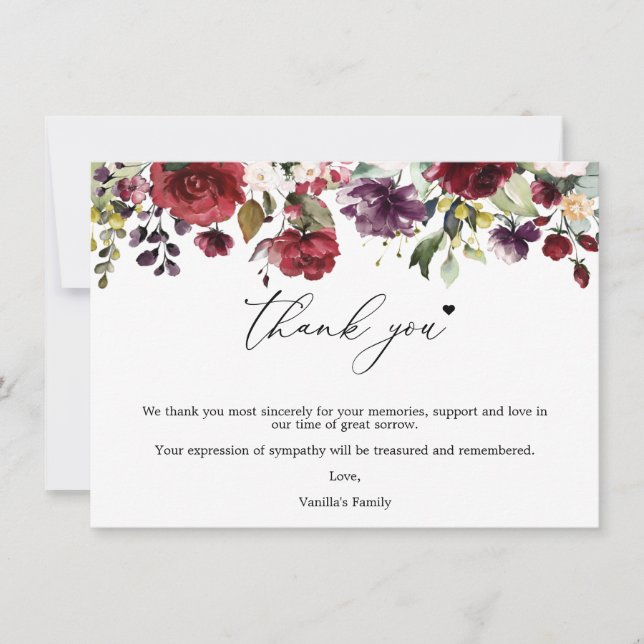Burgund Flowers, Funeral Thank You Card (Front)