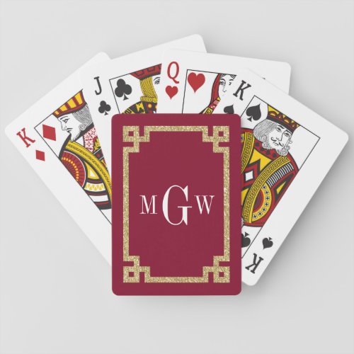 Burgund Gold Glitter Look Greek Key Frame Monogram Poker Cards