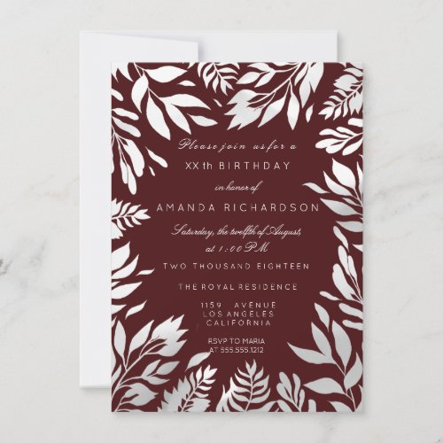 Burgund Gray Silver Glitter Leafs Floral Frame Lux Invitation