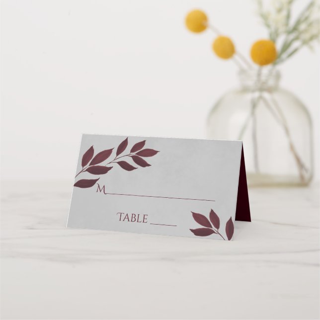 Burgund Leaves on Gray Elegant Wedding Write-In Place Card (Front)