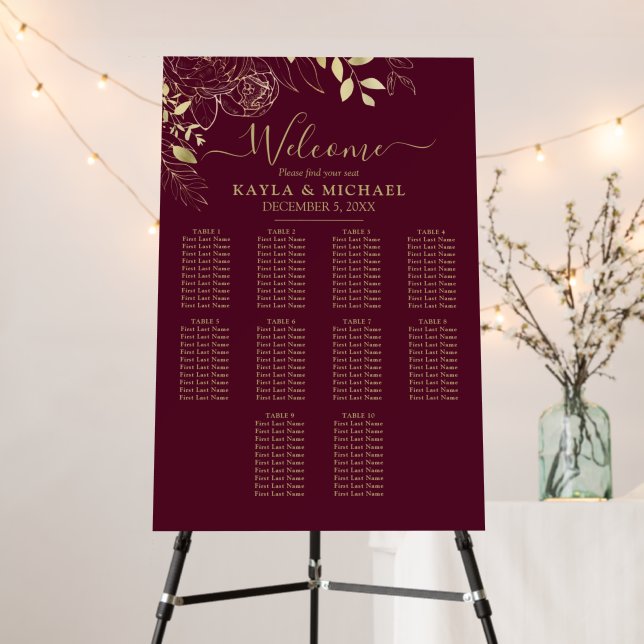 Burgundy 10 Table Floral Wedding Seating Chart Foam Board (In Situ (Stand))