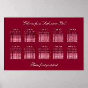 Burgundy 10 Table Wedding Seating Chart Poster