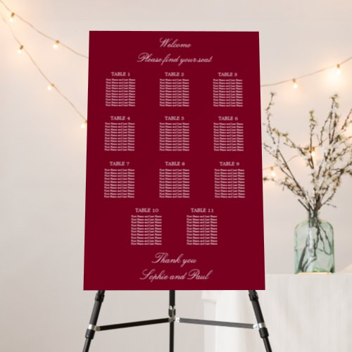 Burgundy 11 Table Wedding Seating Chart Foam Board