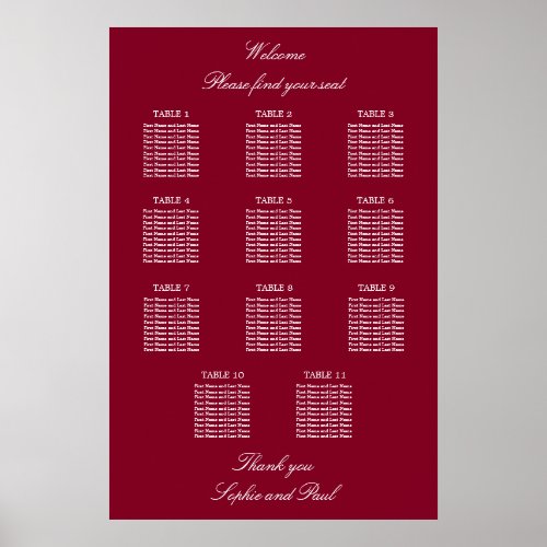 Burgundy 11 Table Wedding Seating Chart Poster