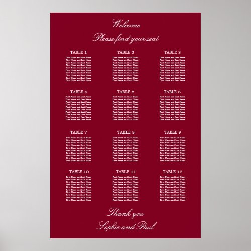 Burgundy 12 Table Wedding Seating Chart Poster