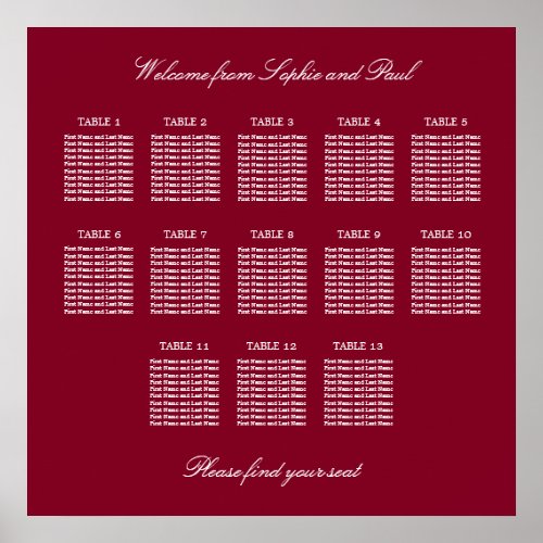 Burgundy 13 Table Wedding Seating Chart Poster