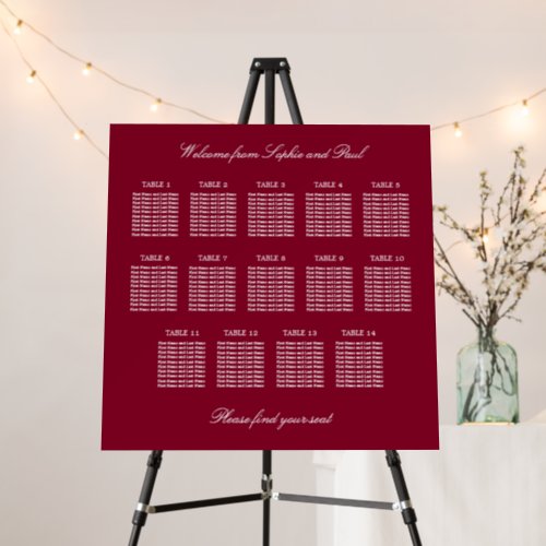 Burgundy 14 Table Wedding Seating Chart Foam Board