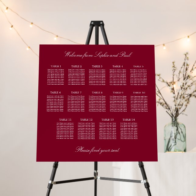Burgundy 14 Table Wedding Seating Chart Foam Board (In Situ (Stand))