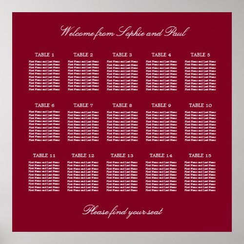 Burgundy 15 Table Wedding Seating Chart Poster