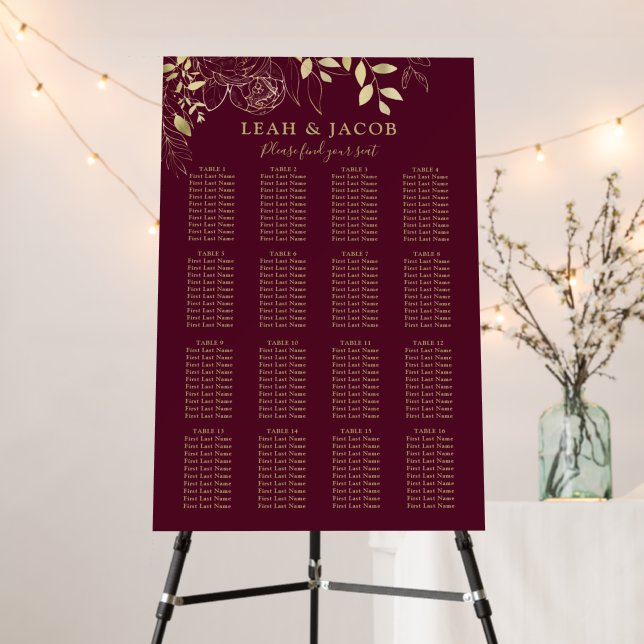 Burgundy 16 Table Floral Wedding Seating Chart Foam Board (In Situ (Stand))