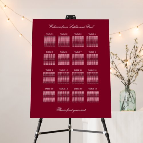 Burgundy 16 Table Wedding Seating Chart Foam Board
