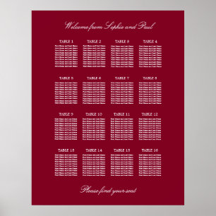 Burgundy 16 Table Wedding Seating Chart Poster