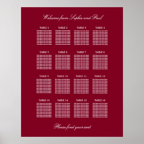 Burgundy 16 Table Wedding Seating Chart Poster