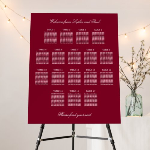 Burgundy 17 Table Wedding Seating Chart Foam Board