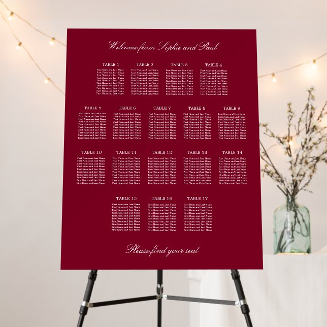 Burgundy 17 Table Wedding Seating Chart Foam Board (In Situ (Stand))