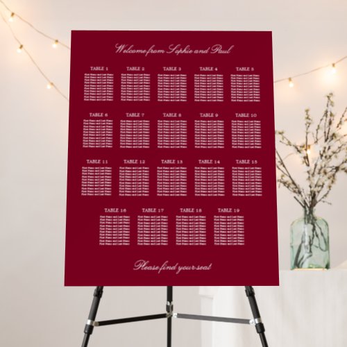 Burgundy 19 Table Wedding Seating Chart Foam Board