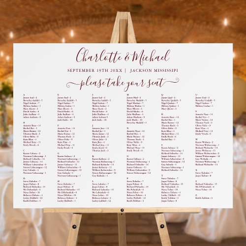 Burgundy 200 Names Wedding Seating Chart Sign