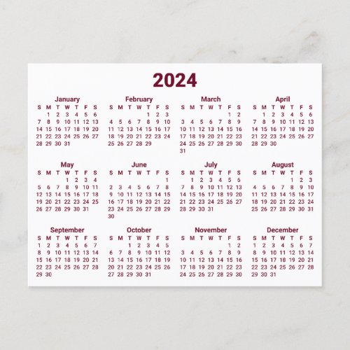 Burgundy 2024 Calendar Postcard