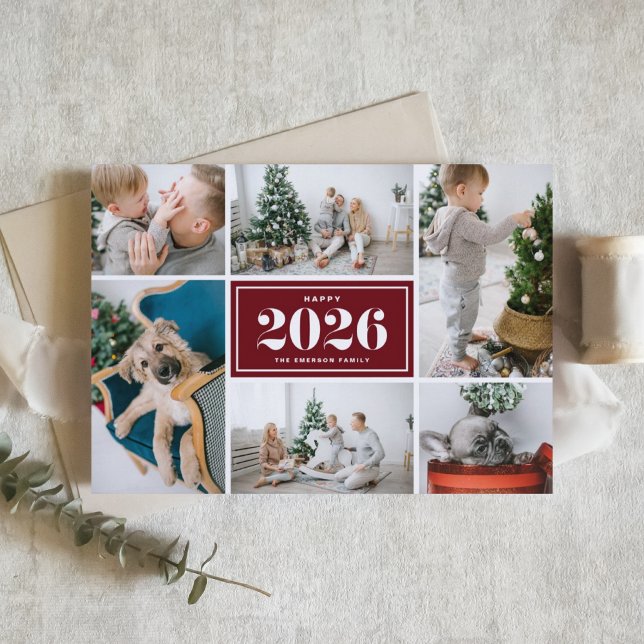 Burgundy 2026 Happy New Year Photo Collage Holiday Card (Customizable photo collage Happy New Year card featuring 2026 in retro bold typography.)