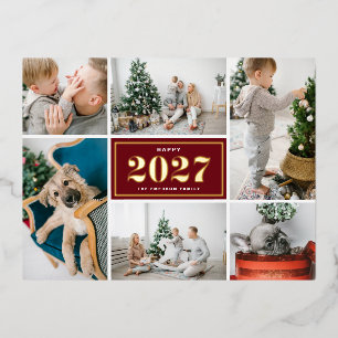 Burgundy 2027 Retro Six Photo Collage New Year Foil Holiday Postcard