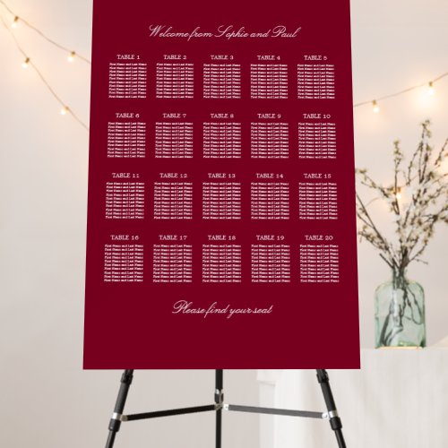 Burgundy 20 Table Wedding Seating Chart Foam Board