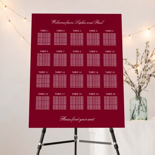 Burgundy 20 Table Wedding Seating Chart Foam Board