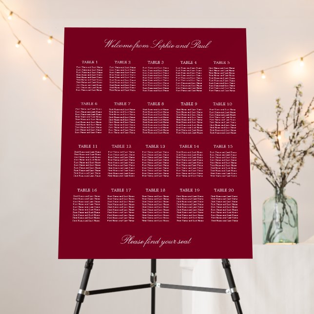 Burgundy 20 Table Wedding Seating Chart Foam Board (In Situ (Stand))