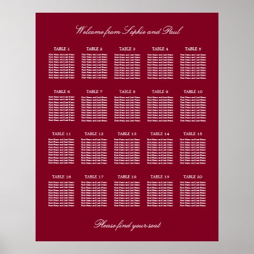 Burgundy 20 Table Wedding Seating Chart Poster