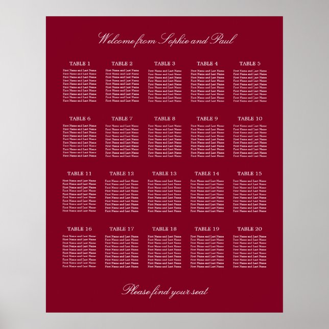 Burgundy 20 Table Wedding Seating Chart Poster (Front)