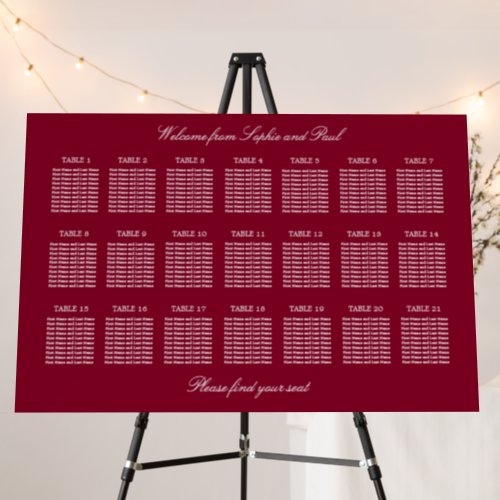 Burgundy 21 Table Wedding Seating Chart Foam Board