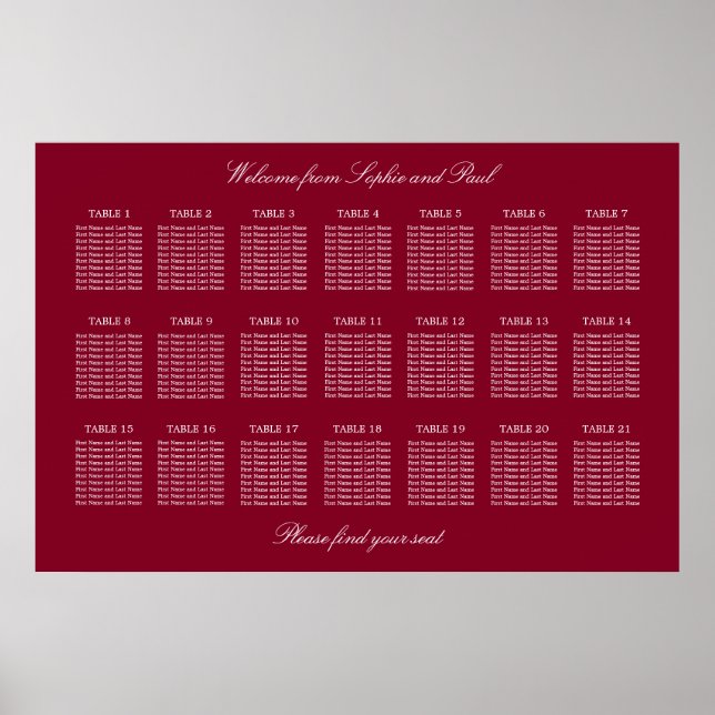 Burgundy 21 Table Wedding Seating Chart Poster (Front)