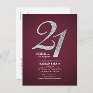 Burgundy 21st Birthday Sliver Glitter Daughter Invitation Postcard