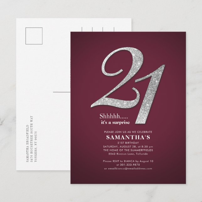 Burgundy 21st Birthday Sliver Glitter Daughter Invitation Postcard (Front/Back)