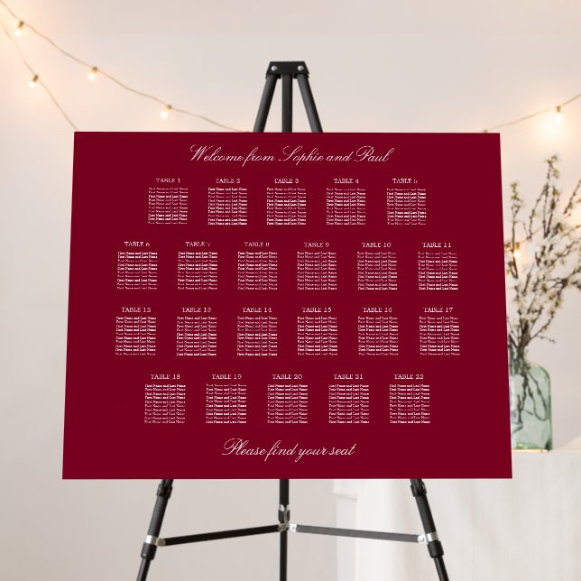 Burgundy 22 Table Wedding Seating Chart Foam Board (In Situ (Stand))