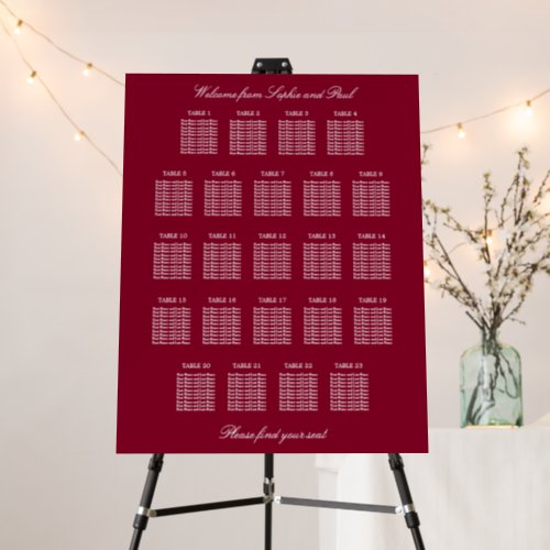 Burgundy 23 Table Wedding Seating Chart Foam Board