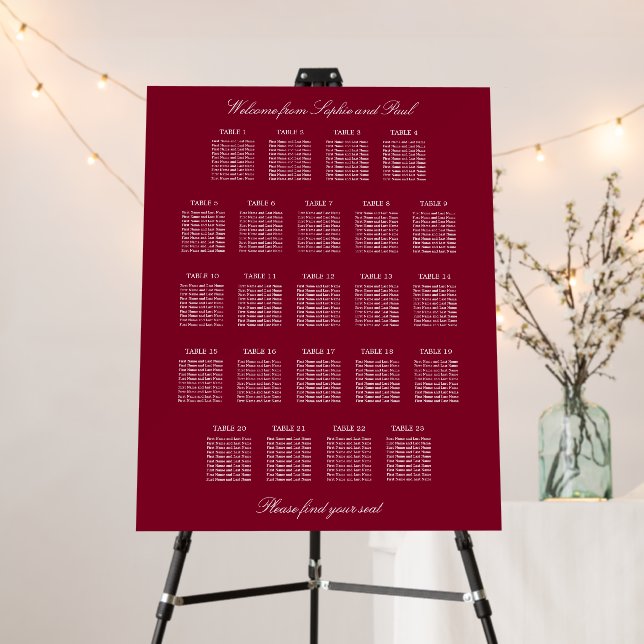 Burgundy 23 Table Wedding Seating Chart Foam Board (In Situ (Stand))