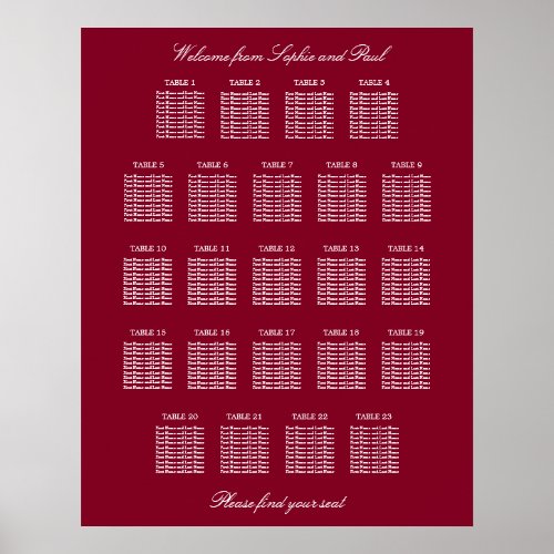 Burgundy 23 Table Wedding Seating Chart Poster