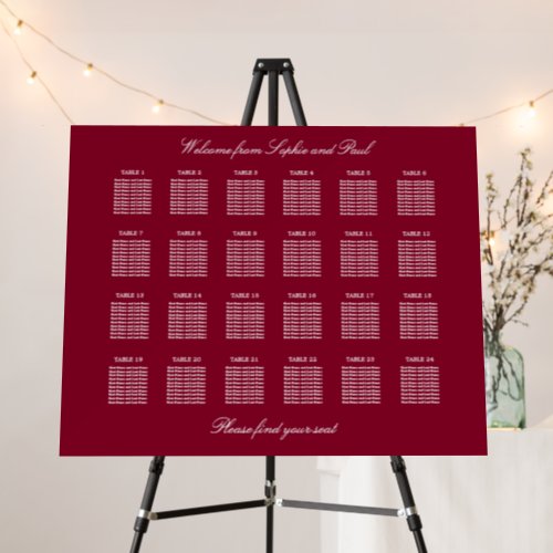 Burgundy 24 Table Wedding Seating Chart Foam Board