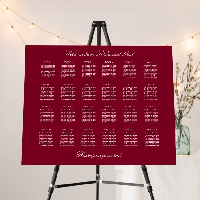 Burgundy 24 Table Wedding Seating Chart Foam Board (In Situ (Stand))